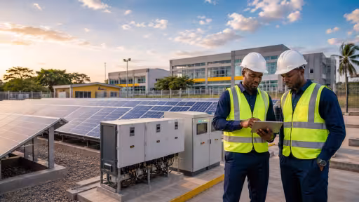 A modern modular solar power station serving a medium-scale industrial or commercial facility: orderly ground-mounted solar panels, clean inverter and power-control equipment, and contemporary buildings in the background. Also in the picture are two Black Nigerian engineers in safety helmets and high-visibility vests reviewing a tablet.