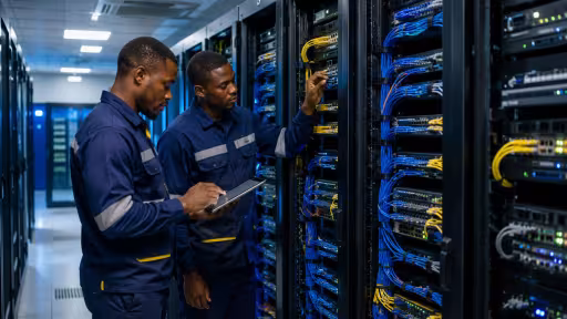 a modern, immaculate data centre or server-room environment with neatly organised structured network cabling, server racks, patch panels and network equipment.