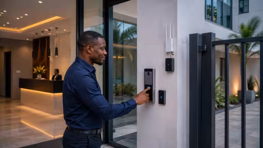 A modern office reception or upscale residential entrance with a clean wall-mounted intercom unit, access panel and subtle wireless communication equipment.