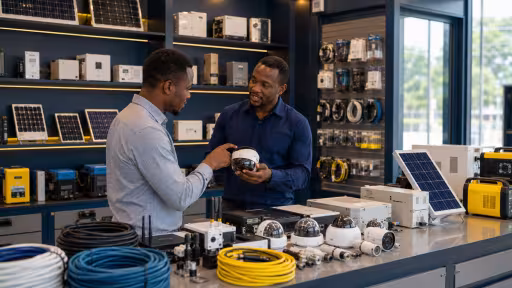 A clean, well-organised engineering equipment showroom with neatly displayed telecom accessories, CCTV surveillance devices, solar components, cables, connectors and compact power equipment