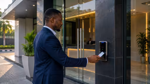 a modern corporate office or secure facility entrance with an elegant electronic access-control reader beside a glass door