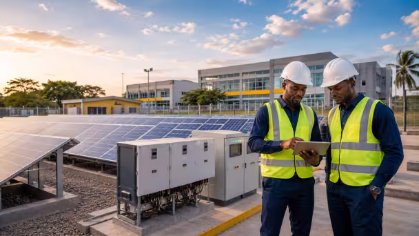A modern modular solar power station serving a medium-scale industrial or commercial facility: orderly ground-mounted solar panels, clean inverter and power-control equipment, and contemporary buildings in the background. Also in the picture are two Black Nigerian engineers in safety helmets and high-visibility vests reviewing a tablet.